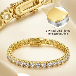 4mm 5mm classic diamond tennis bracelet for men and women| 14K gold-plated silver S925 base| Bright cut D color VVS grade cubic zirconia diamond bracelet| Elegant party accessories| Ultimate Gift Promise Jewelry for Women and Wives
