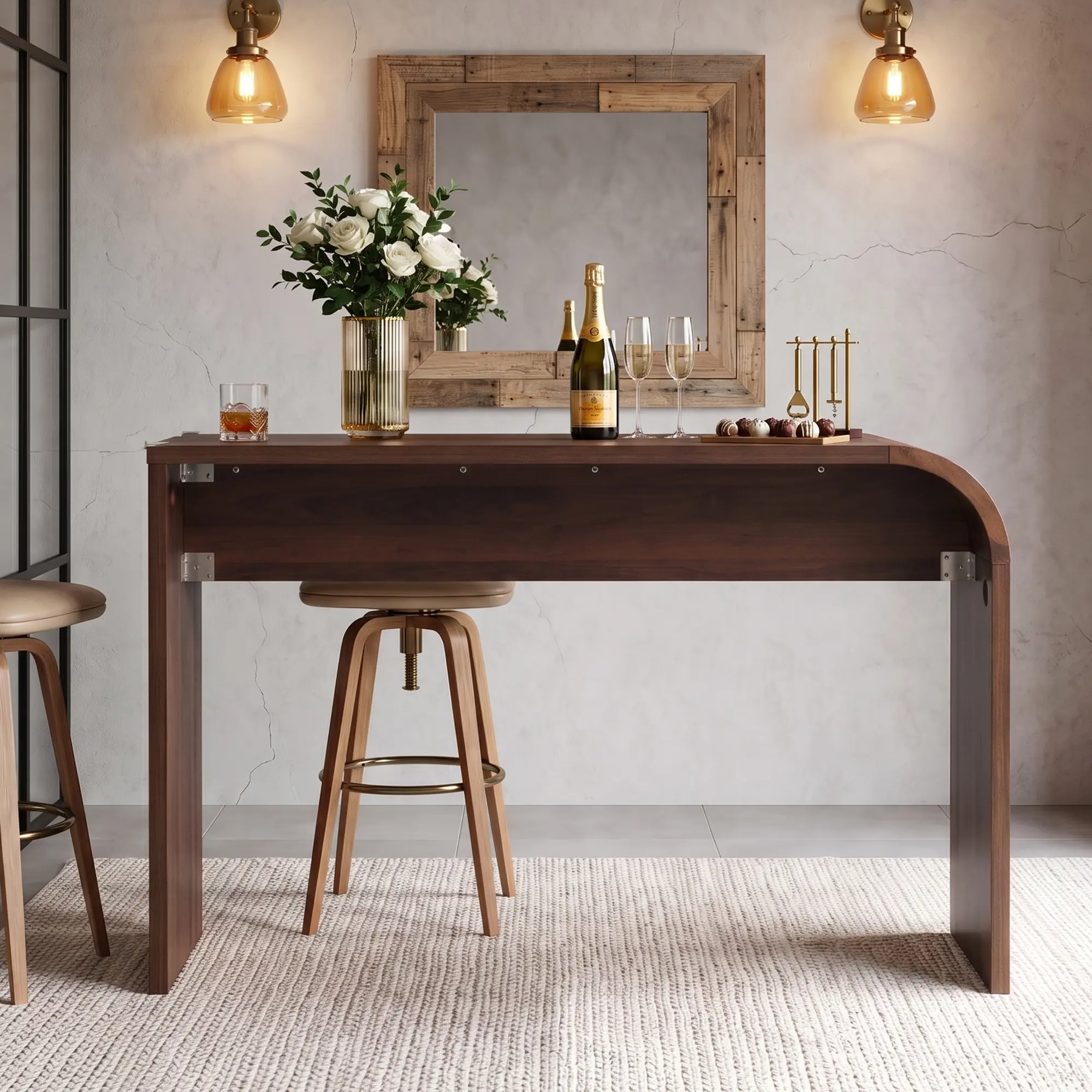 Giratree 55.12" Curved Bar Table, Narrow Counter Height Dining Table with Rounded Waterfall Edge, Space-Saving Console Table for Kitchen, Dining Room, Living Room and Apartment