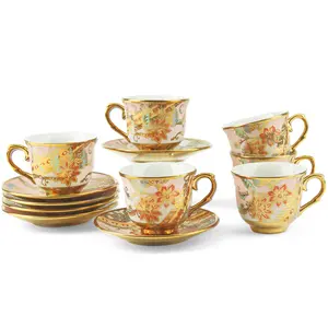 Tea Cups and Saucers Set of 6, Porcelain Vintage Floral Tea Set for Espresso, Coffee, Mocha, Cappuccino, Women Afternoon Tea Party (Orange)