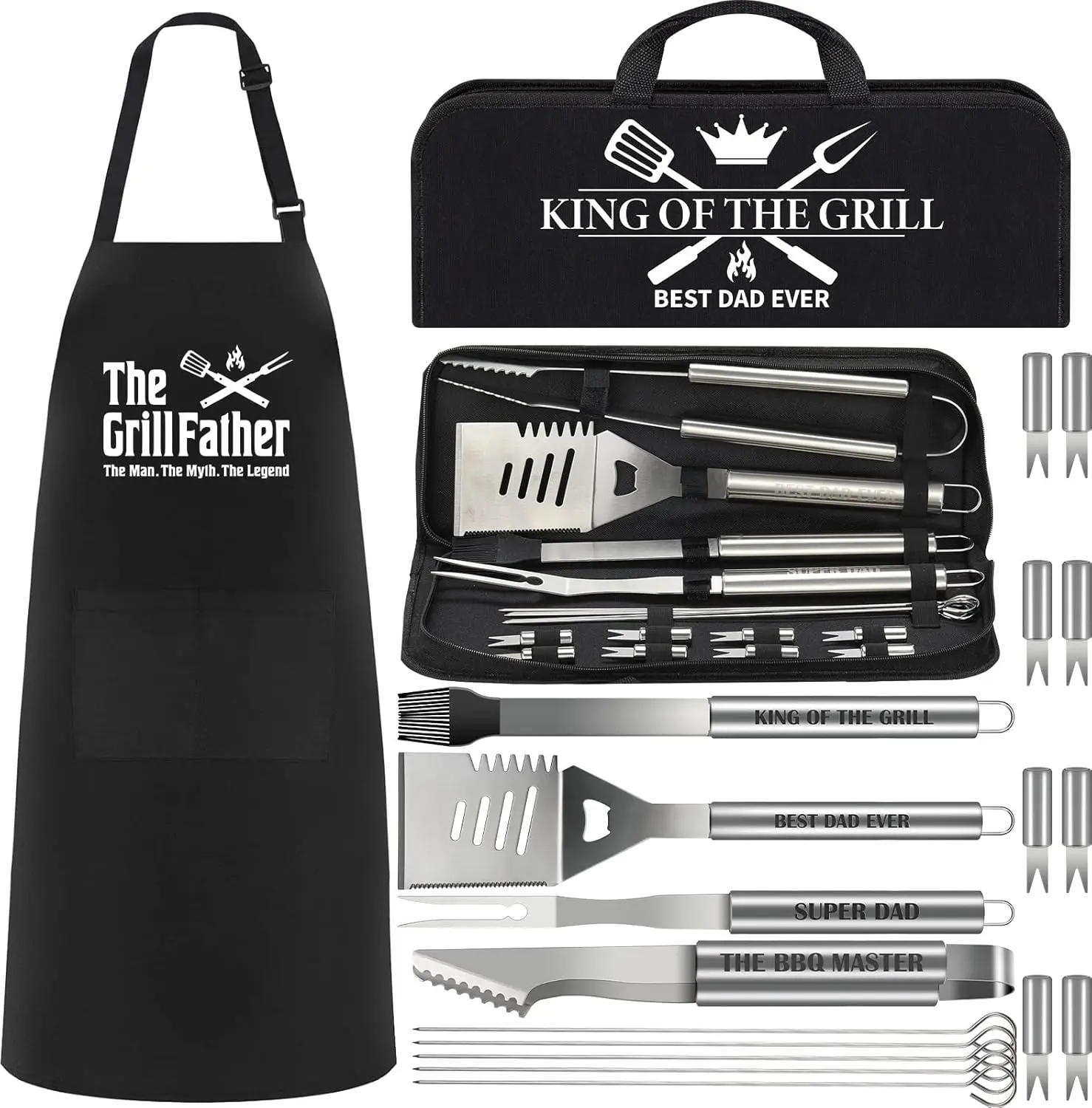 Happy Independence Day Gifts from Daughter Son: 19Pcs BBQ Grill Tools Set with Apron & Portable Bag | Heavy Duty Stainless Steel Grilling Utensils Kit | Barbecue Accessories Present for Dad, Men, Papa, Birthday