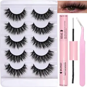 Fluffy False Eyelashes with Eyelash Glue & Tweezers, False Eyelashes Kit, 5 Pairs Wispy Faux Lashes, Natural Curling Eye Makeup Strip Lashes for Women & Girls, DIY False Eyelashes