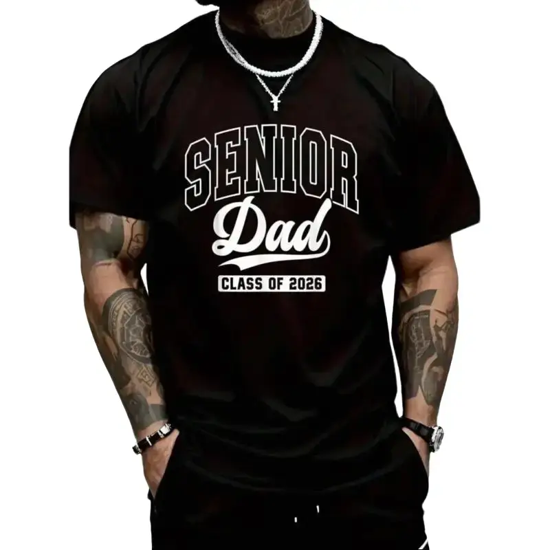 Men's Cotton Casual Vintage T-Shirt - Breathable Fabric, Senior Dad Theme Class of 2026 Print, Short Sleeve Sports Top, Graduation Gift, Sizes S-5XL, Menswear, Tshirt