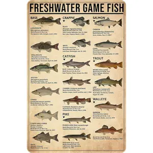 Boy's Fishing Gifts Vintage Fresh Water Gamefish Knowledge Tin Sign for Man Cave Boys Hunting Room Bedroom Lake House Cabin Wall Art Decor 8x12 Inch