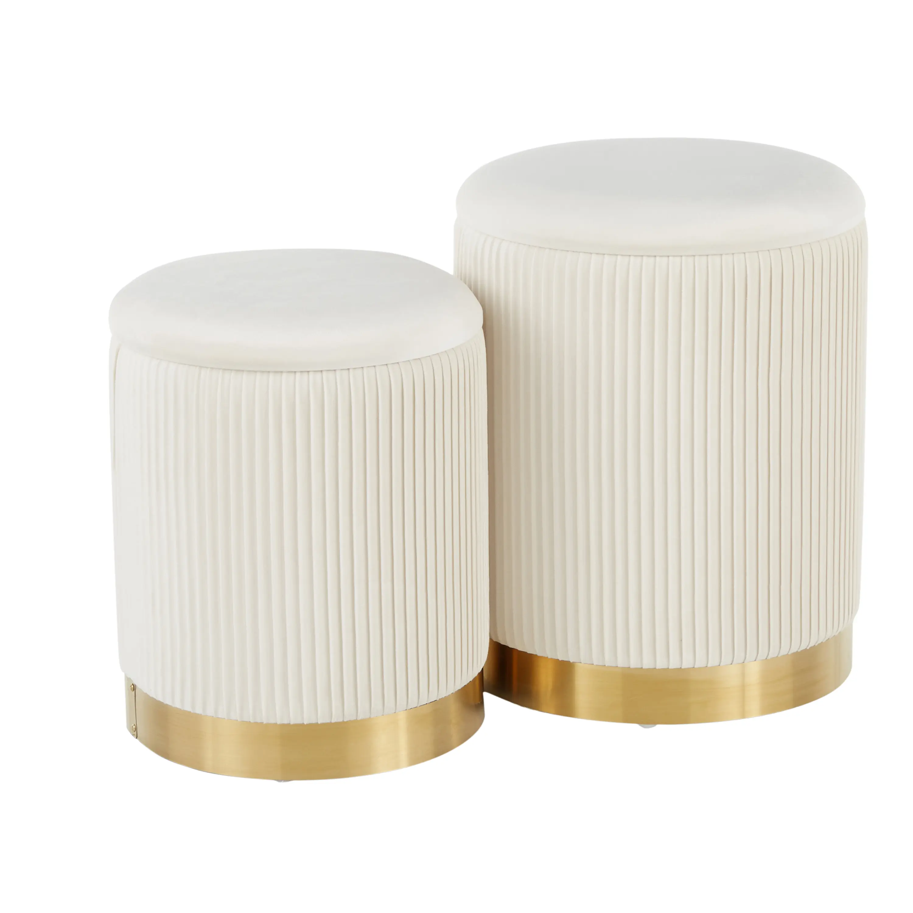 Cream Velvet and Gold Metal Nesting Ottoman Set, Pleated Contemporary Design