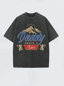Dad needs a retro beer washed t-shirt | Extra-large square-fit vintage streetwear | Creative gift idea for beer lovers and outdoor dads on Father's Day | Acid-washed charcoal grey t-shirt