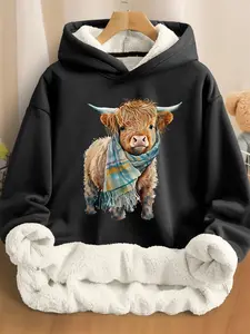 Unisex Scottish Highland Cow Fleece Fitted Long Sleeve Hoodie, Casual Cozy Sweatshirt, Warm Winter Pullover, Cute Animal Design, Casual Outdoor Wear for Men and Women