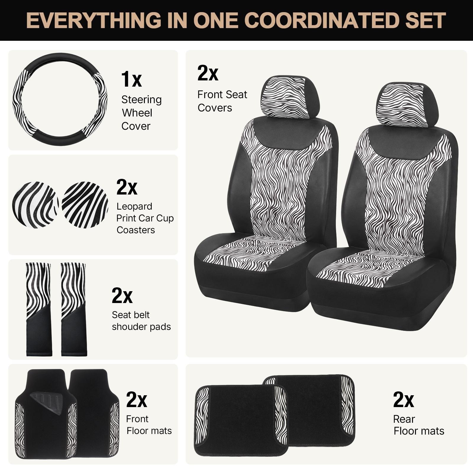 Zebra Print Car Seat Covers Full Set, 11PCS Car Interior Accessories Kit with Steering Wheel Cover, Floor Mats, Seat Belt Pads & Cup Coasters, Universal Fit for Cars SUVs Trucks