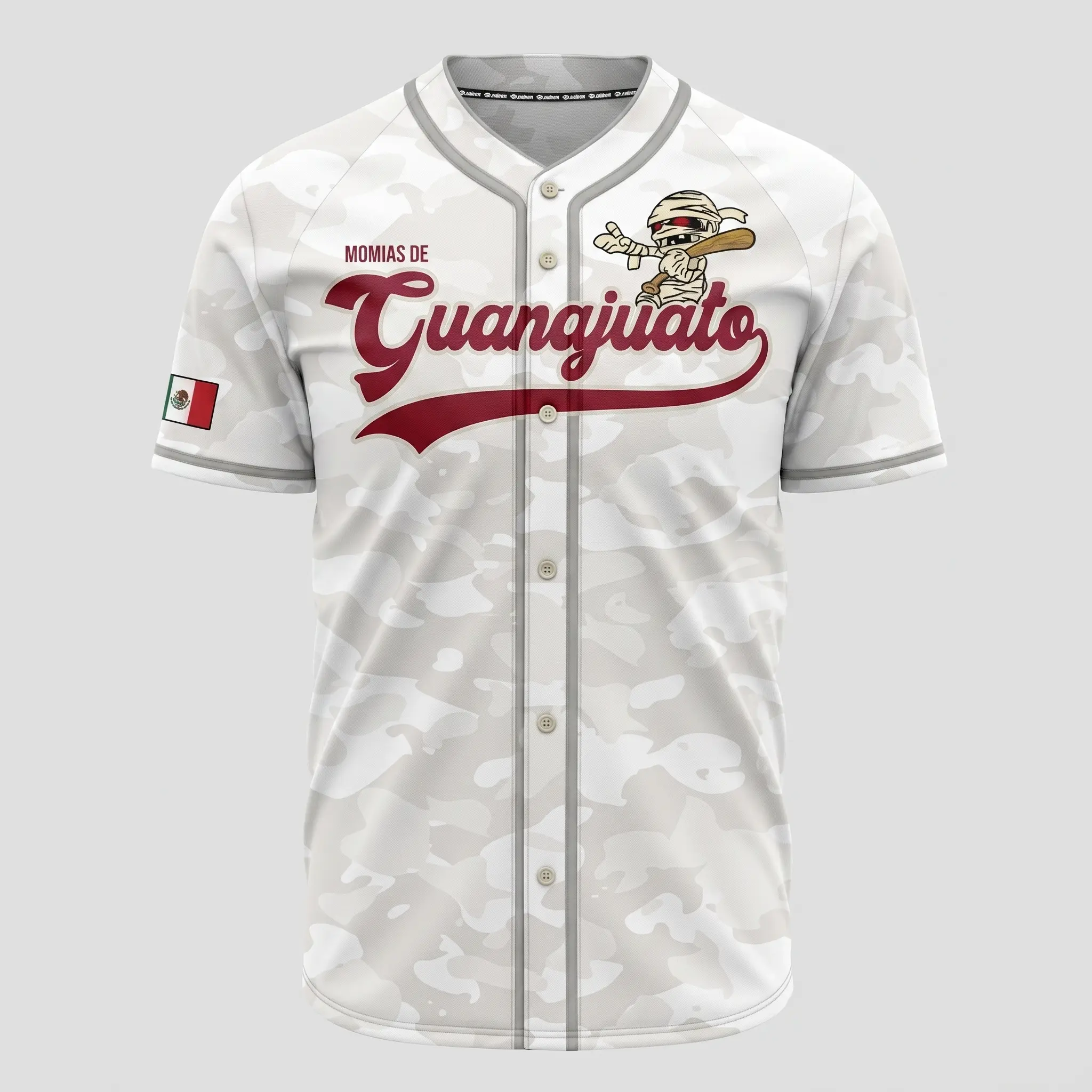Momias de Guanajuato White Camouflage Baseball Jersey – Mexican Heritage Mummy Graphic Button-Up Sports Shirt, Unisex Athletic Jersey
