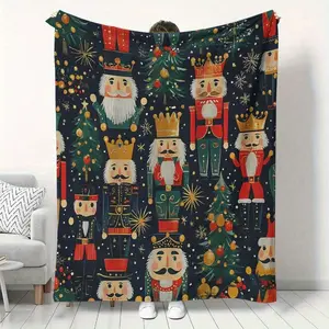 1pc Nutcracker & Tree Flannel Blanket - Golden Accent Holiday Bedspread, Cozy Winter Nights, Decor, Contemporary Bedspread All-Season Soft Bed Covering, Birthday Mother's Day Size
