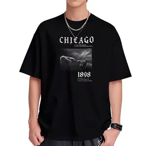 Men'S Chicago 1898 Graphic T-Shirt - Casual Crew Neck Short Sleeve Tee with Bold Letter Print, Black & White Design, Lightweight Summer Fabric for Casual Attire, Breathable Clothing | Graphic Print Tee | Knitted Texture