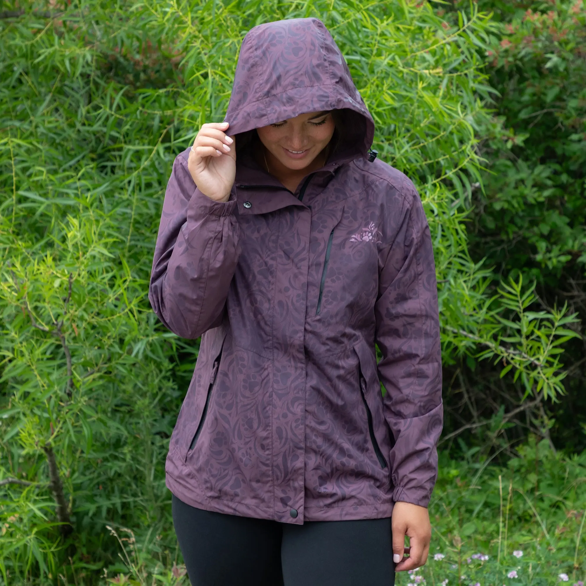 Women’s Lightweight Waterproof Hooded Rain Coat Paw Symphony Magical Print Rain Jacket The Animal Rescue Site
