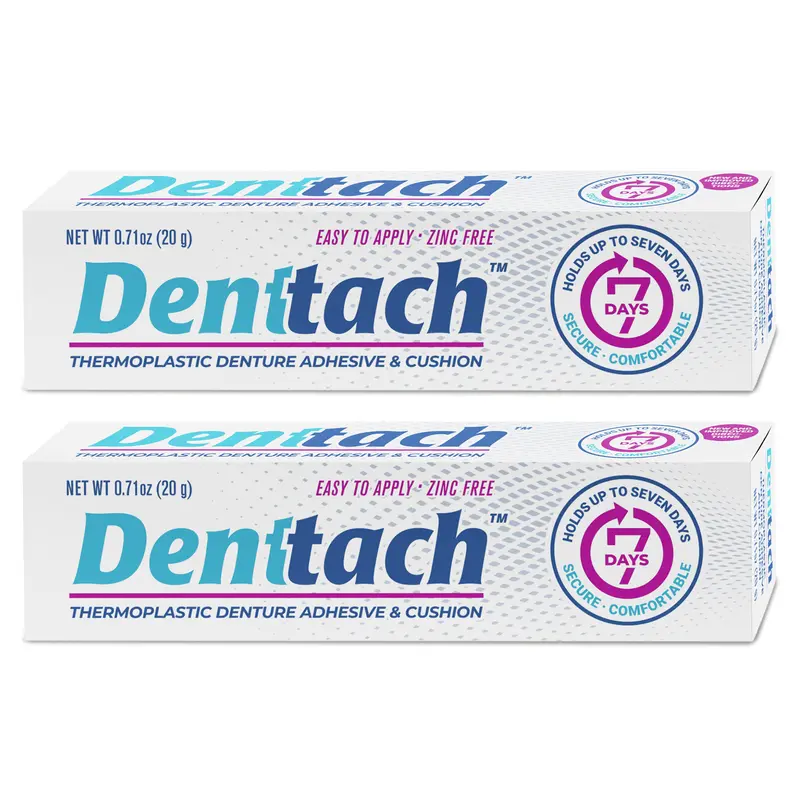 Denttach Thermoplastic Denture Adhesive & Cushion - Zinc-Free, 2 Pack, 0.7 oz Each, Secure & Comfortable, Easy Application, Lasts 7 Days -