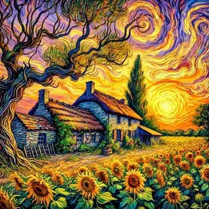 5D DIY Full Drill Round Diamond Painting - Diamond Art Kit Sunflower, Cottage, Swirling Sky Mosaic, Canvas - DIY Decorative Painting, Home Wall Decor, Perfect for Halloween and Christmas, Independence Day, Birthday, and Anniversary Gifts