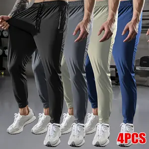Men's High-Waist Stretch Athletic Pants with Zippered Pockets & Drawstring Waistband - Ice Silk Fiber Fabric All-Season Workout Pants, Suitable for Running, Cycling, Basketball, Golf - Available in Multiple Colors