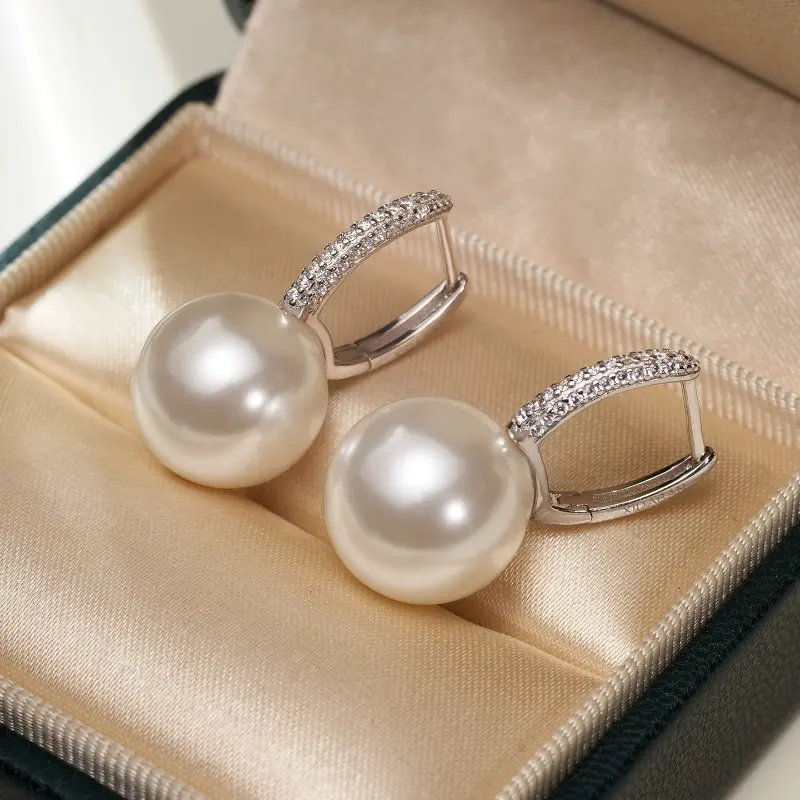 14mm Shell Pearl Drop Earrings for Women, Elegant White & Gold Pearl Dangle Earrings, Wedding Jewelry, Birthday Gift for Mom, Wife, Girlfriend