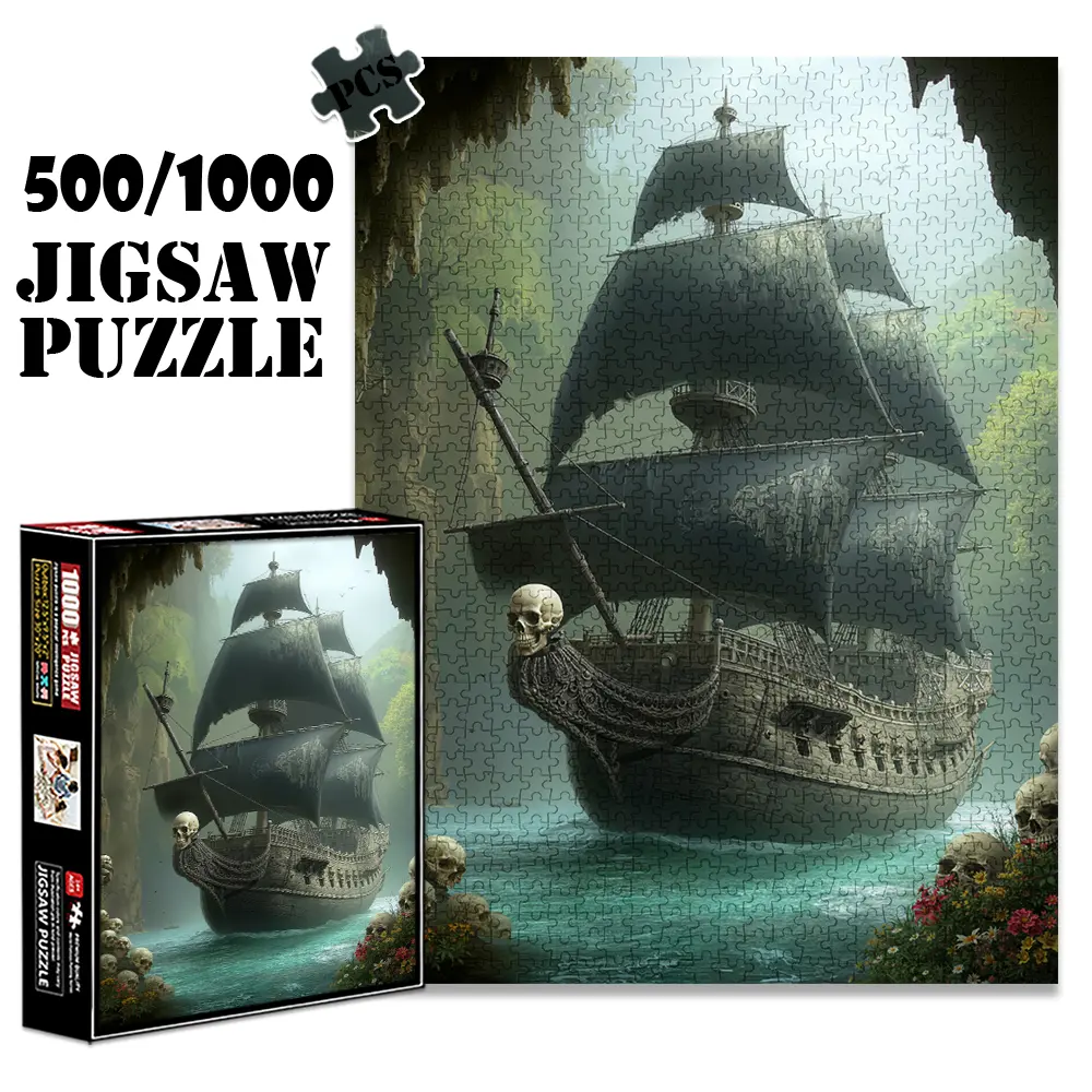 1pc 1000 piece adult puzzle 70x50cm Pirate Ship with Skull Figurehead in Mysterious Grotto 500 pieces of paper jigsaw puzzle, suitable for adults and families, large-scale DIY puzzle interactive toy
