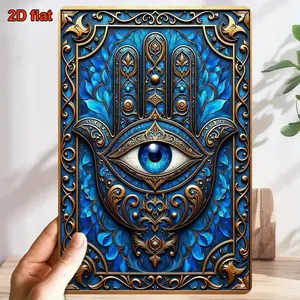 2D Flat 1pc 8x12 Inch Blue & Golden Fatima's Hand Evil Eye Metal Wall Art Vintage Baroque Iron Decor with Intricate Floral Motifs Mystical Talisman for Living Room Bedroom Office Cafe Unique Gift Idea
