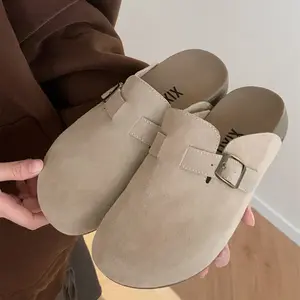 Women Men Round Toe Suede Clogs Shoes with Adjustable Strap,Non-slip Sole Slippers, Indoor Outdoor Retro Walking Shoes