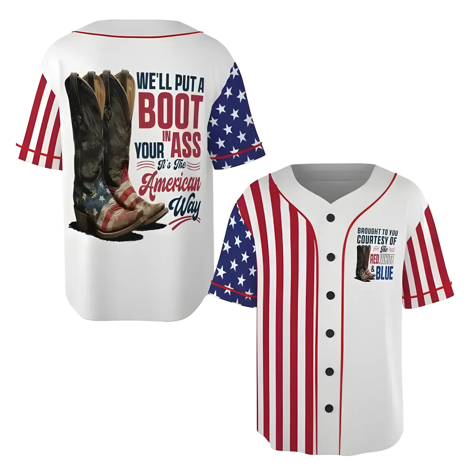 Baseball & Softball Jersey, Patriotic Red White & Blue American Flag Shirt in Polyester Fabric, Unisex Relaxed Cut Button-Up for Veterans Day