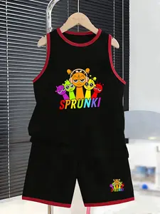Summer Boys' Sports Set, Sprunki Letter & Cartoon Character Print, Sleeveless Vest & Short Pants Two-Piece, Casual Loose Fit