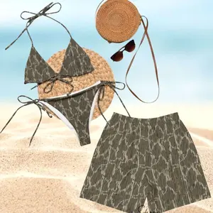Matching Couples Camo Bottomland Swimsuits, Bikini Set Tie Side Thong & Men’s Beach Shorts, Hawaiian Style  Swimwear, Casual Beachwear Gift VDP