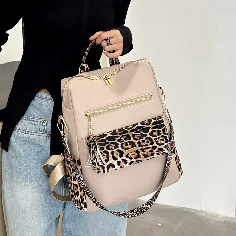 Fashionable Multi-function Leopard Backpacks for Women High Quality Luxury Tassel Backpack Lightweight Commute Nylon Travel Bag
