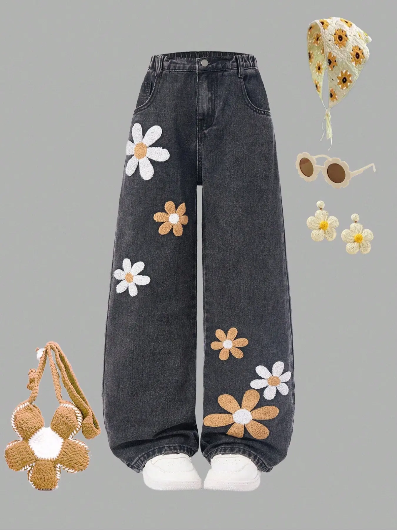 Y2K Teenager Mid-Childhood Washed Denim Jeans Bottom, Casual Design Jeans, Cute 3D Floral Embroidery Loose Fit Baggy Jeans, Elastic Back Waist for All Seasons Streetwear Pants, Trouser