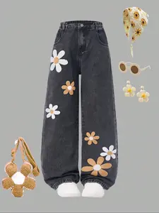 Y2K Teenager Mid-Childhood Washed Denim Jeans, Cute 3D Floral Embroidery Loose Fit Jeans, Elastic Back Waist for All Seasons