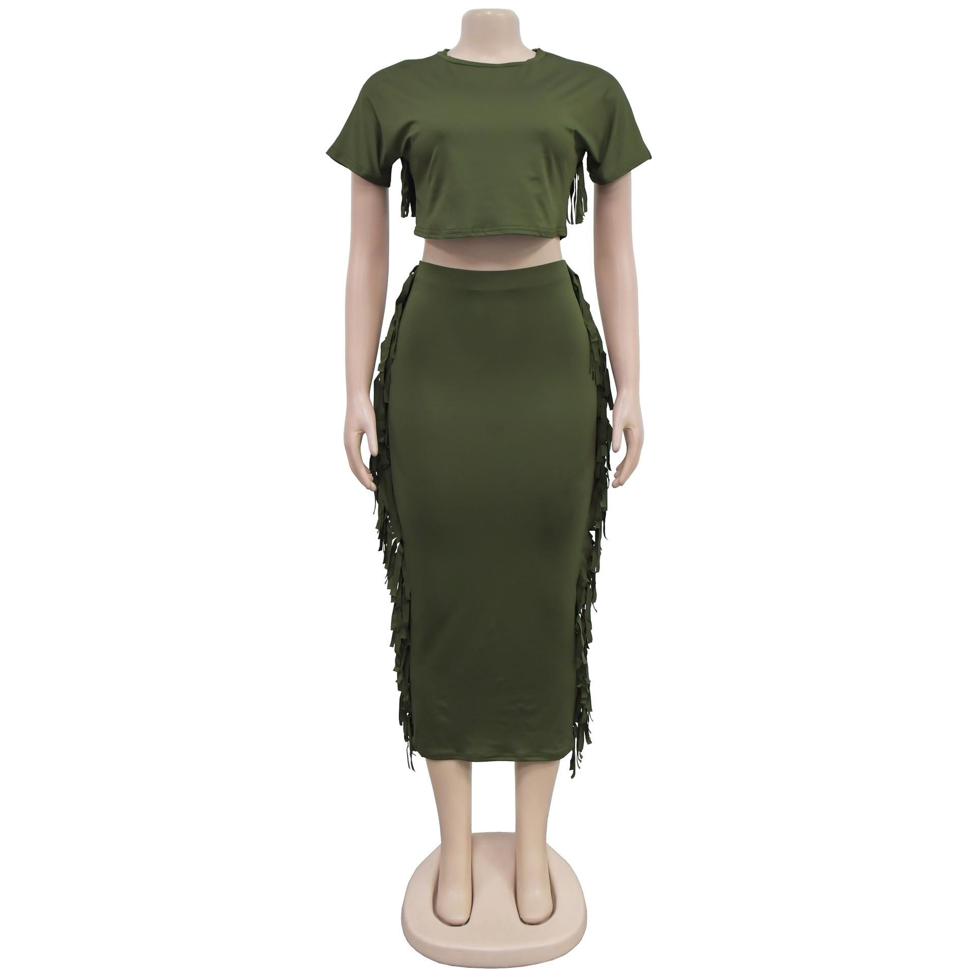 FashionableStyle Solid Color Fringe Round Neck Short Sleeve Long Dress Two-Piece Set