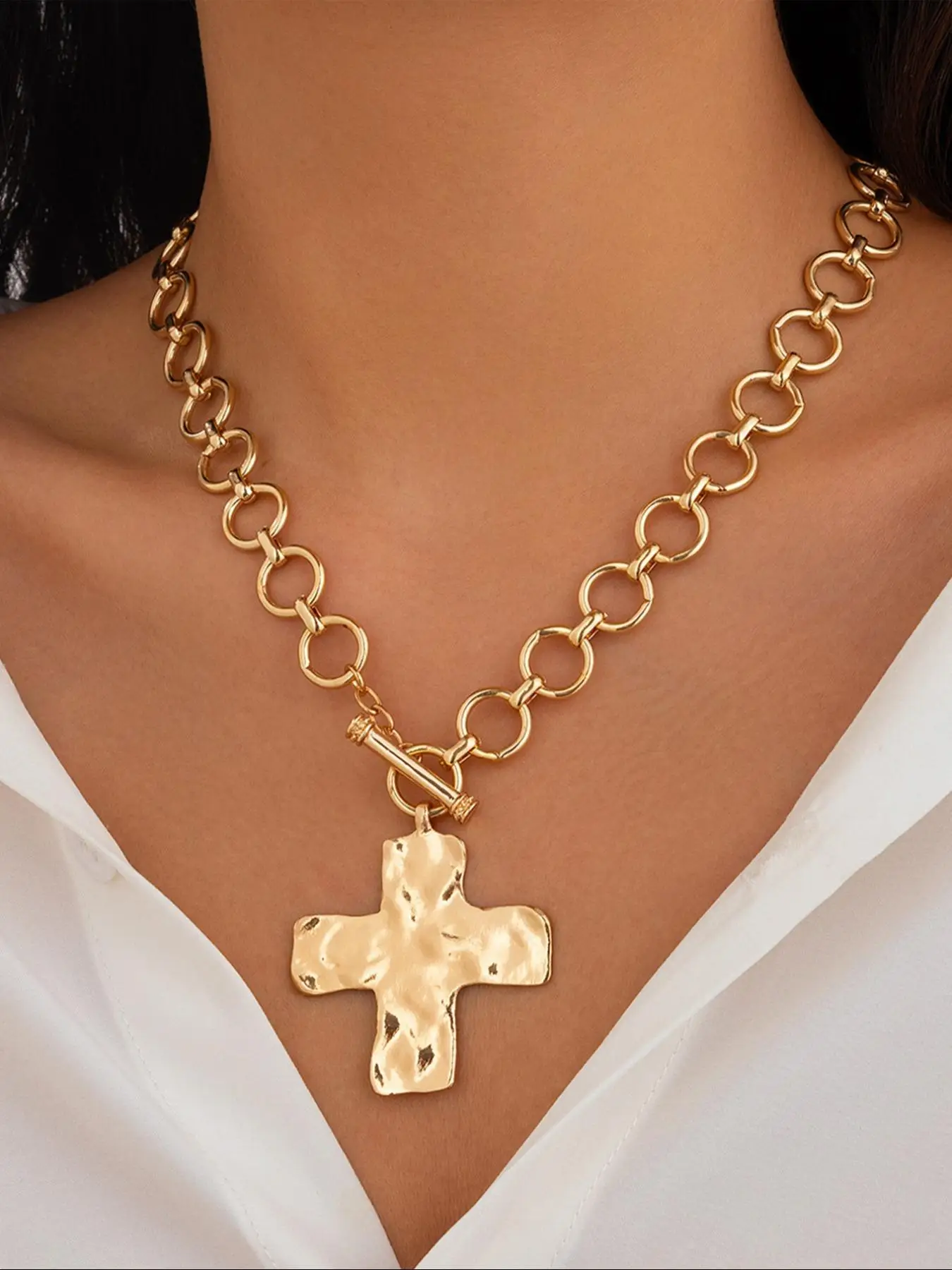 Women's Punk Style Cross Pendant Chain Link Necklace with Ot Buckle, Fashion Jewelry Accessories for Party, Daily Clothing Decor, Trendy All-match & E