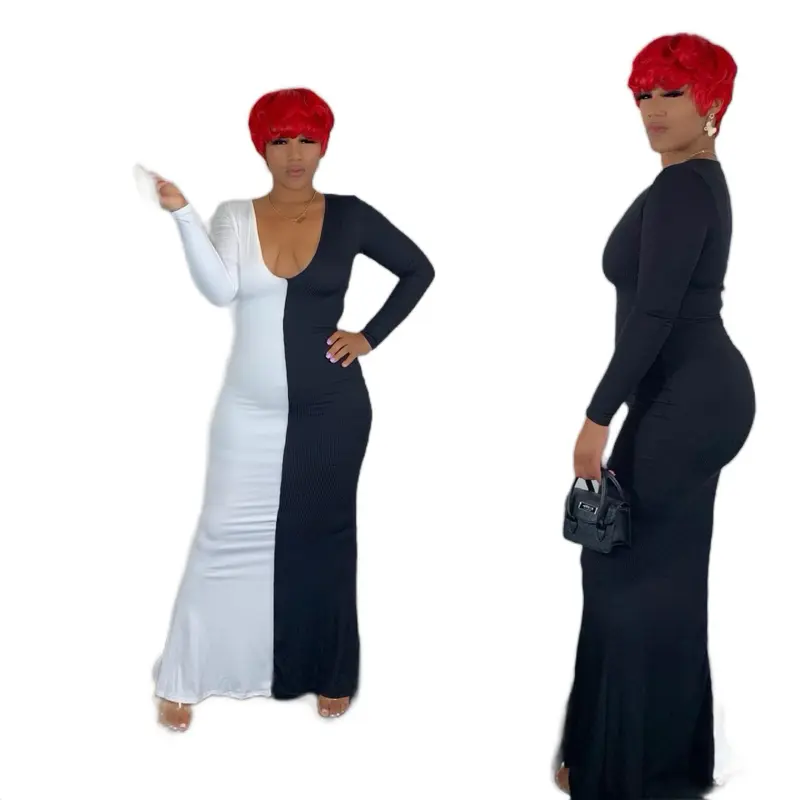 Give it All to Me Dress - Black and White Colorblock Fashion Wear for All Maxi Womenswear with V-Neckline Long Sleeves & Ribbed Texture Comfortable Fit for Autumn