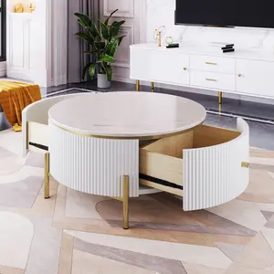 31.5" Round Coffee Table with Storage, Modern Round Coffee Table with 2 Drawers Storage Accent Table Round Black End Table for Living Room,White
