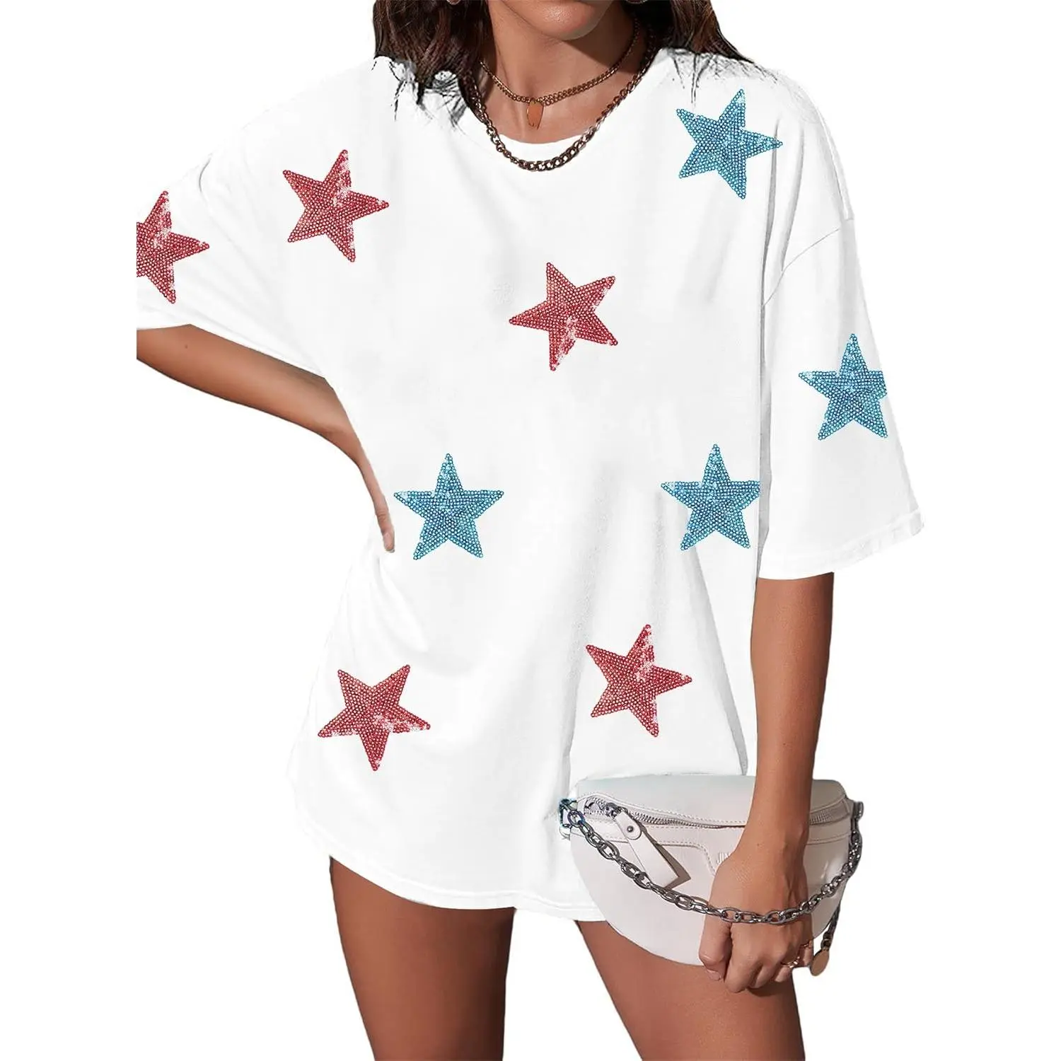 Oversized USA Star Sequin Shirt American Flag T Shirt Women 4th of July Patriotic Tee Casual Short Sleeve Tops Anniversary Cotton Everyday Fabric Spandex Womenswear