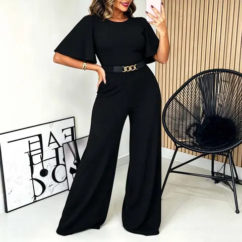CHICME Women's Elegant Butterfly Sleeve Romper Gold Detail Wide-Leg Jumpsuit High Waist Overalls with Pockets