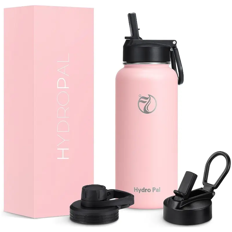 HydroPal 32oz Detachable Travel Insulated Stainless Steel Water Bottle - Double-Walled Wide Mouth, Powder-Coated, 2 Lids (Straw & Spout), Hot & Cold Flasks