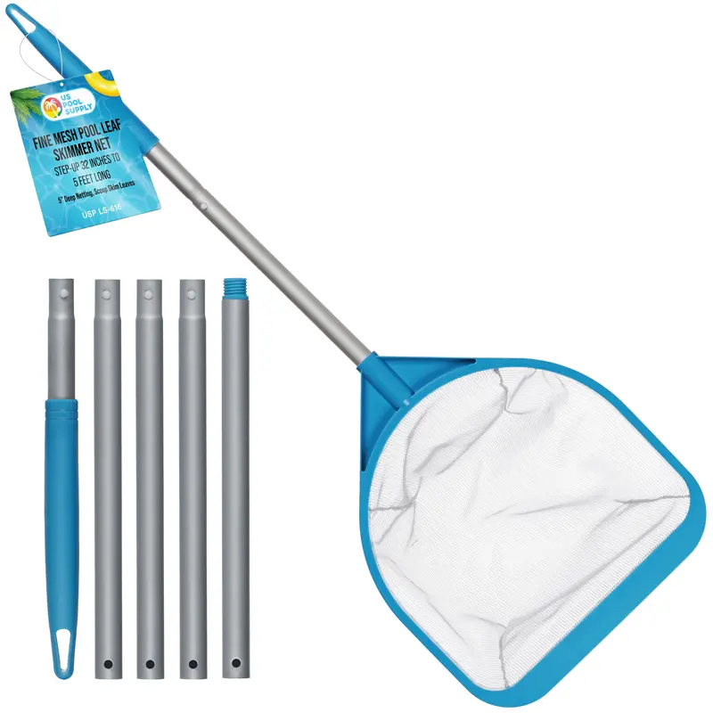 Pool and Spa Skimmer Net with Pole, Handheld Fine Mesh Pool Leaf Skimmer Net - Hand Held Spa, Hot Tub, Pond Cleaning - Step-Up 32" to 5 Feet Long, 5" Deep Netting, Scoop Skim Leaves