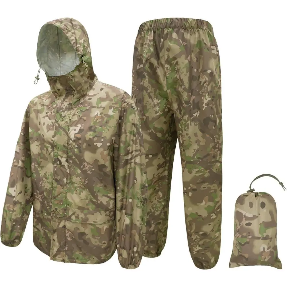 Men's Waterproof Lightweight Breathable Rain Suit With Rain Coat, Rain Jacket, Hood and Pants