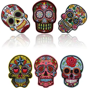 6 count Sugar  Iron on Patches, Calavera Embroidered Repair Patches for Clothes, Custom Vintage Day of The Dead Applique for Hats, Jeans, Jackets, Bags, Backpacks, Dress