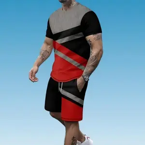 A men's two-piece set, including a casual round neck T-shirt with irregular patterns printed on it, paired with pocket drawstring shorts, fashionable print suitable for daily outings