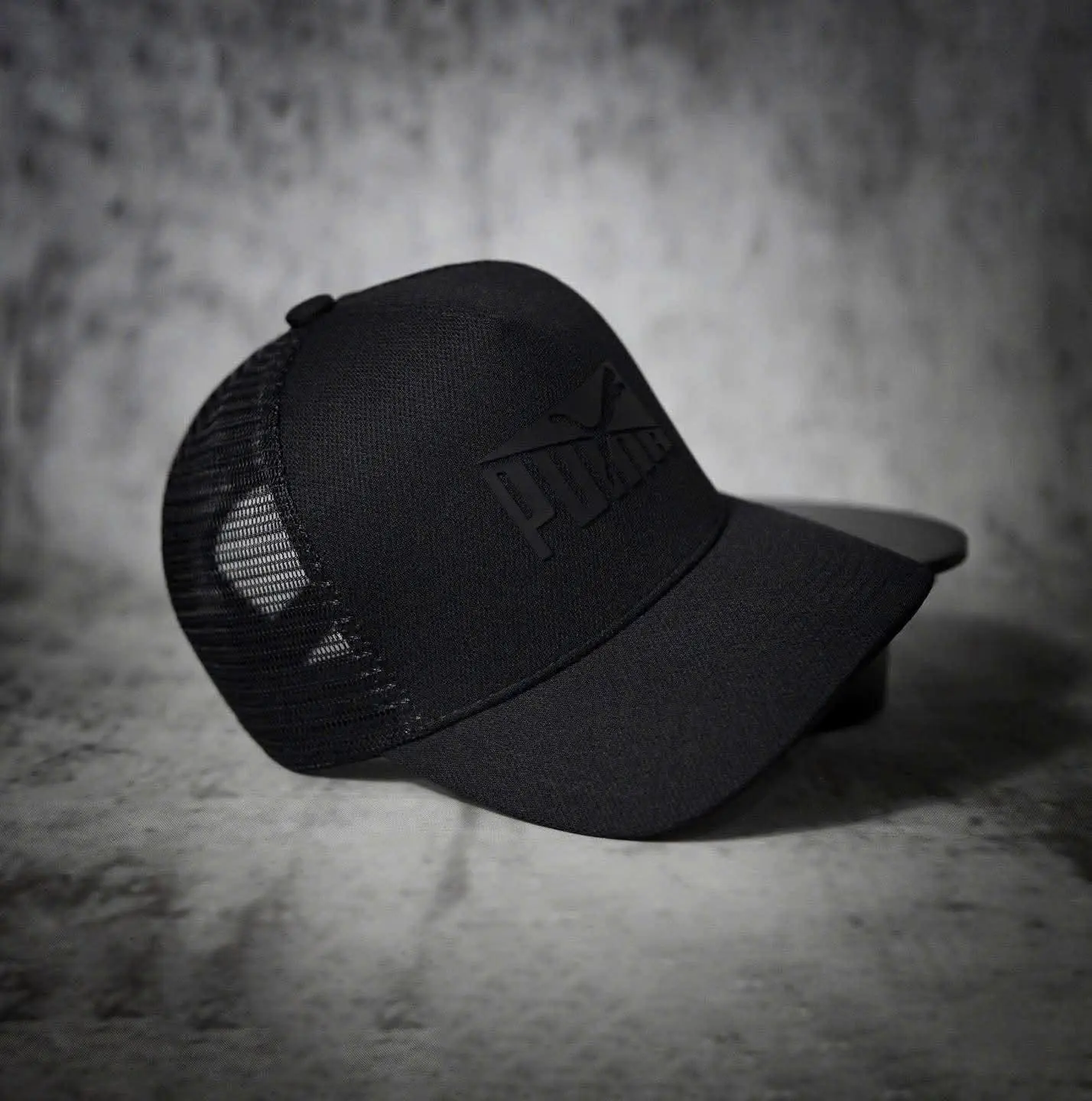 Unisex Black Mesh Trucker Cap with Embossed Graphic – Adjustable Curved Brim Streetwear Hat