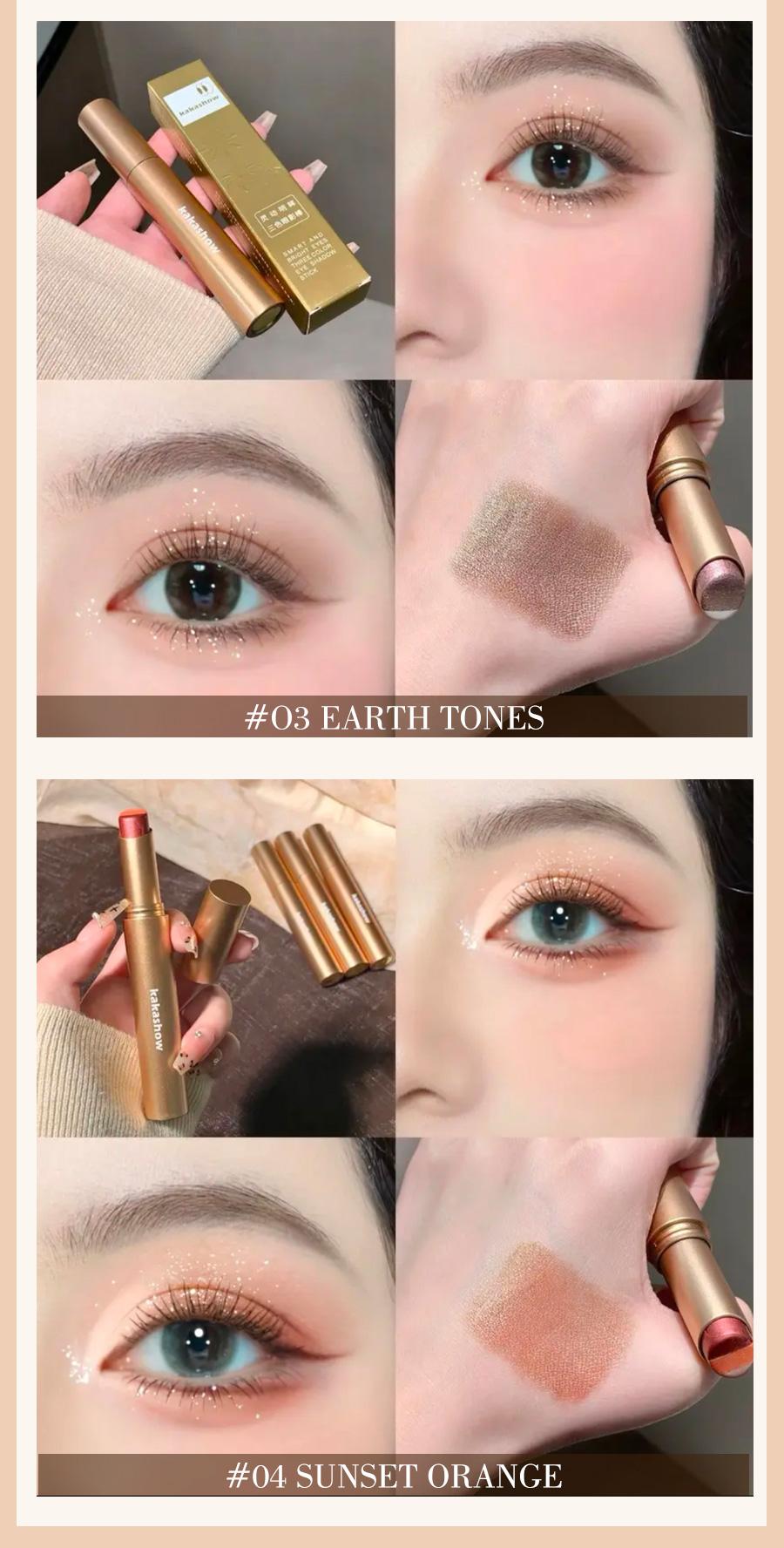 Pack of 4 3-Color Eyeshadow Stick Gradient, Waterproof Long Lasting Creamy Shimmer Eye Shadow, Portable Smudge-Proof Glitter Makeup for Women, Day to Night (Fine Shimmer Brownish Orange)
