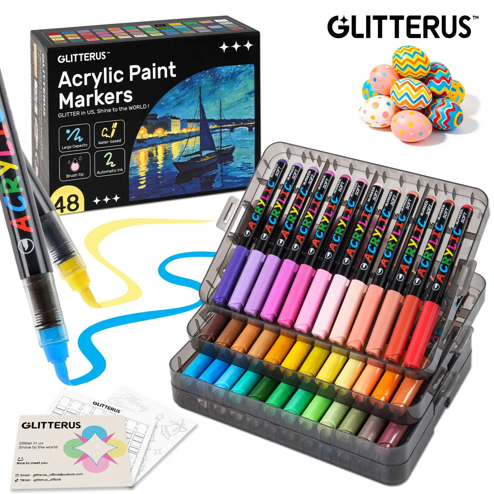 Glitterus Acrylic Paint Marker Set 48 Colors with Stackable Storage Case, Auto Ink Flow Control, Bendable Soft Brush Tip, Waterproof High Coverage Lightfast Art Pens, Adult DIY Craft & Office Drawing Supplies, Summer Sale, tiktokshopbacktoschool