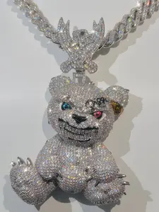 Luxury Little Ice Bear Customized Pendant Ice Crystal Electroplating Process Full Diamond Luxury Pendant Hip Hop Style Little Bear Silicone Diamond Path Tester Gold Plated Fashion Trend Hip Hop Street Culture Jewelry, Father's Day and Mother's Day Gifts