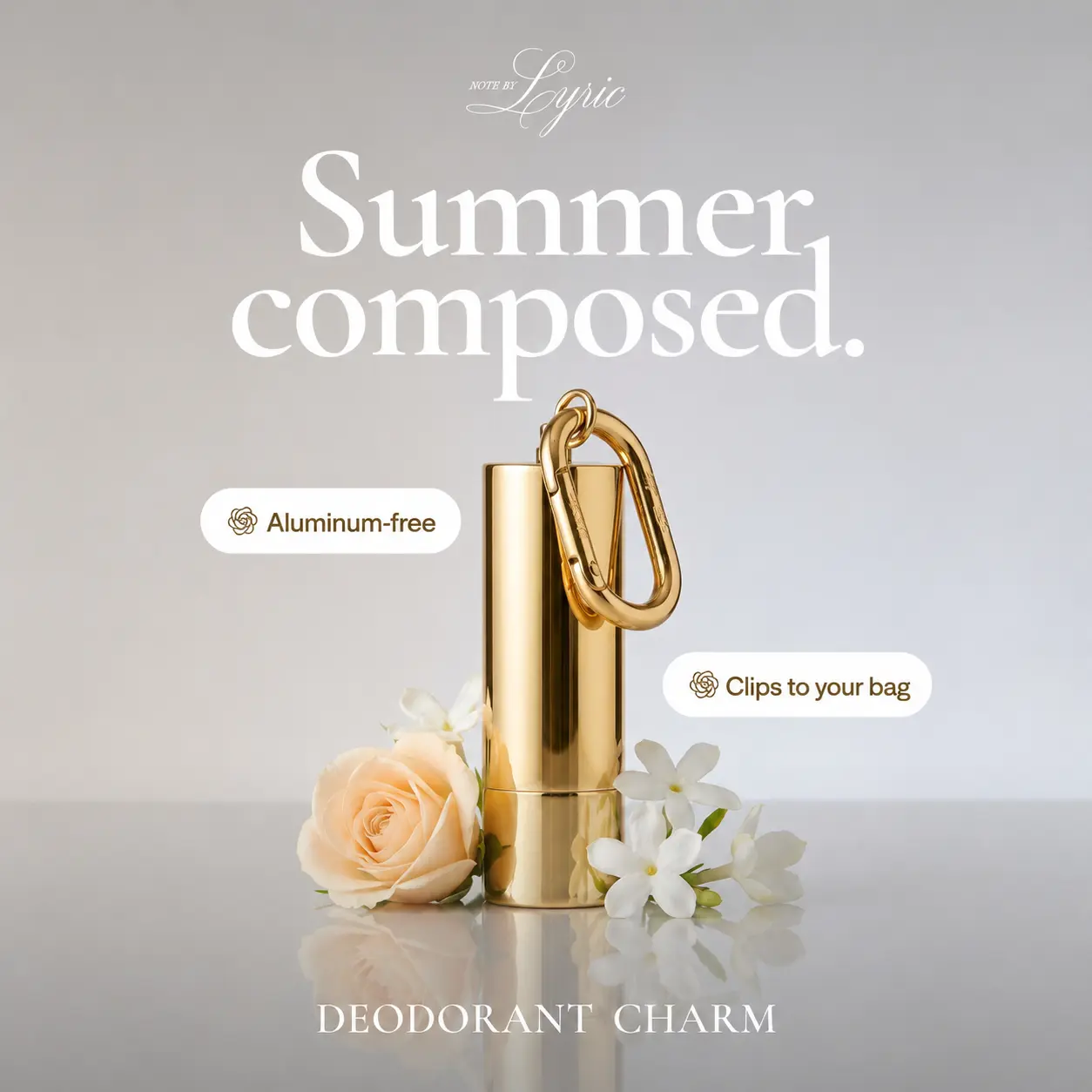 Note by Lyric Charm Luxury Aluminum-Free Clip-On Mini Deodorant Balm - Sensitive Skin Body Care, Daily Gentle Clear Residue-Free Formula, White Floral & Sandalwood Fragrance Blend, 0.3 oz/9g, Gold or Silver Single Item Scent