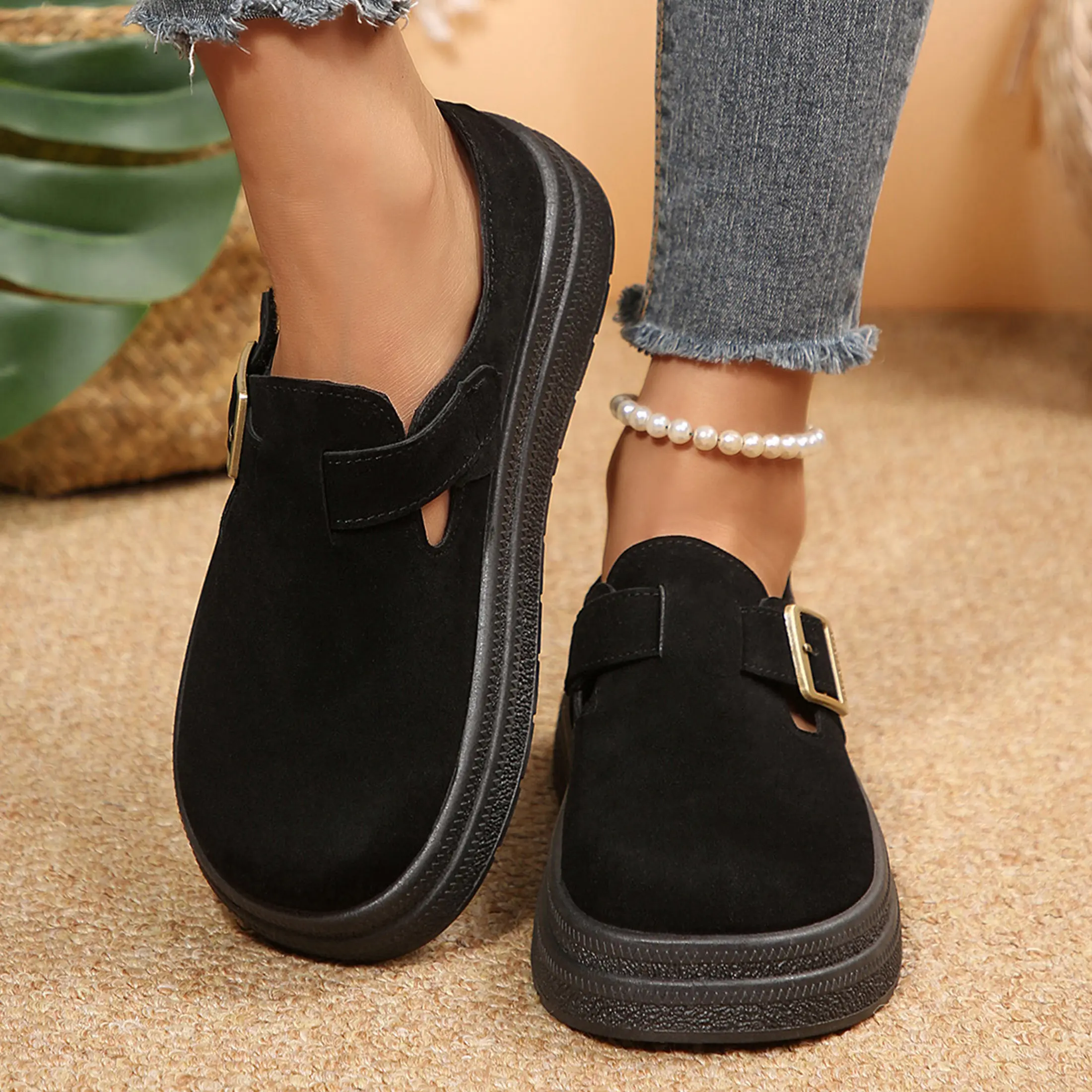 Women's Loafers Chunky Platform Suede Clogs Cork Footbed Slippers Non-Slip Rubber Sole Casual Shoes