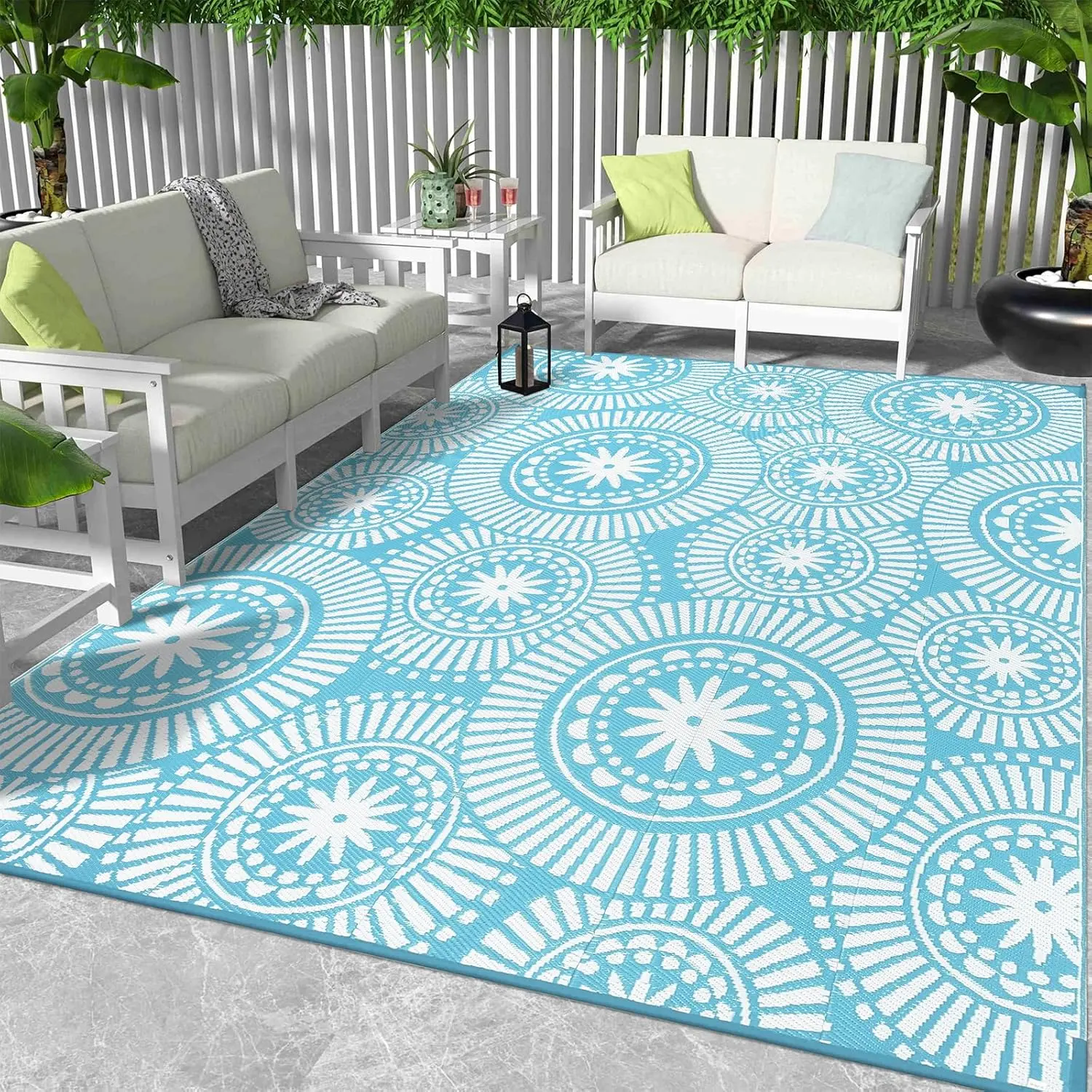 Large Rug 9x12ft Geometric Style Reversible Area Rugs Waterproof Non Shedding Carpets for Rv Outside Deck Pool Beach Camping (Teal)