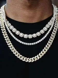 Rhinestone Decorated Cuban Chain Necklaces, Fashion Layered Jewelry for Party, Daily Clothing Decor, Trendy All-match & Exquisite Jewelry for Birthday Gift