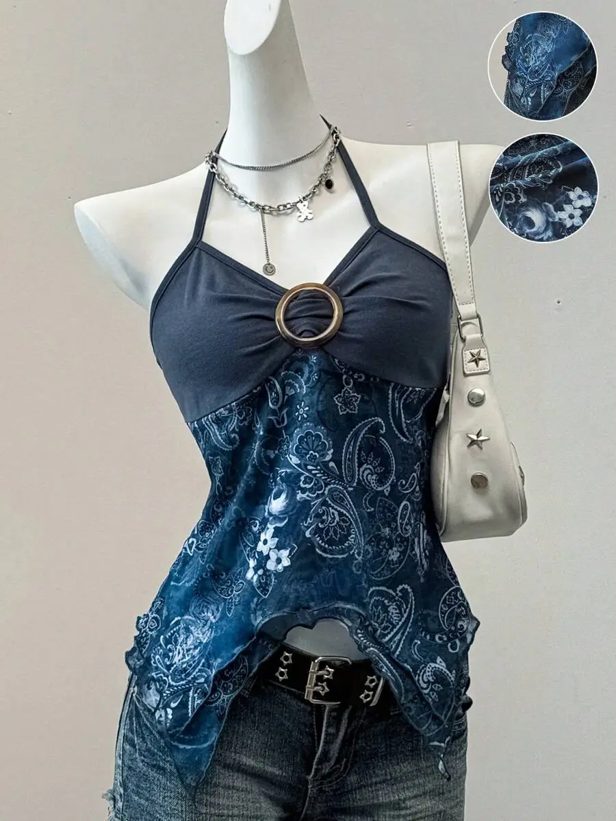 LUNA LAYER Womens Summer Country Concert Retro Print Mesh Backless Halter Neck Top Teal Blue Boho Cami Regular Length Slim Fit