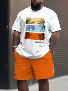 Men's Coconut Tree Print T-Shirt and Shorts Set, Tropical Vacation Style, 100% Polyester Knit Fabric, Loose Fit, Summer Streetwear