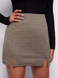 Women's Houndstooth Print Woven Split Hem Slit Skirt, Casual A-Line Fitted Short Dress, High Waist Summer Fashion, Elegant Ladies Clothing